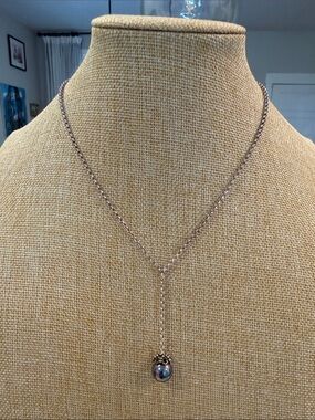 Sterling Silver Lariat Necklace with Iridescent Pearl Drop